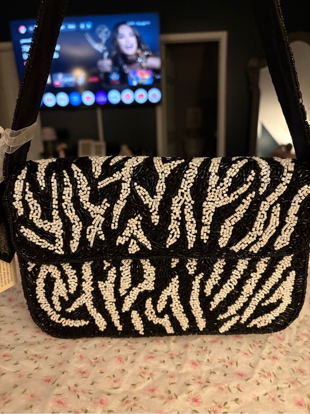 Beaded Zebra-Accent Shoulder Bag in Black & White